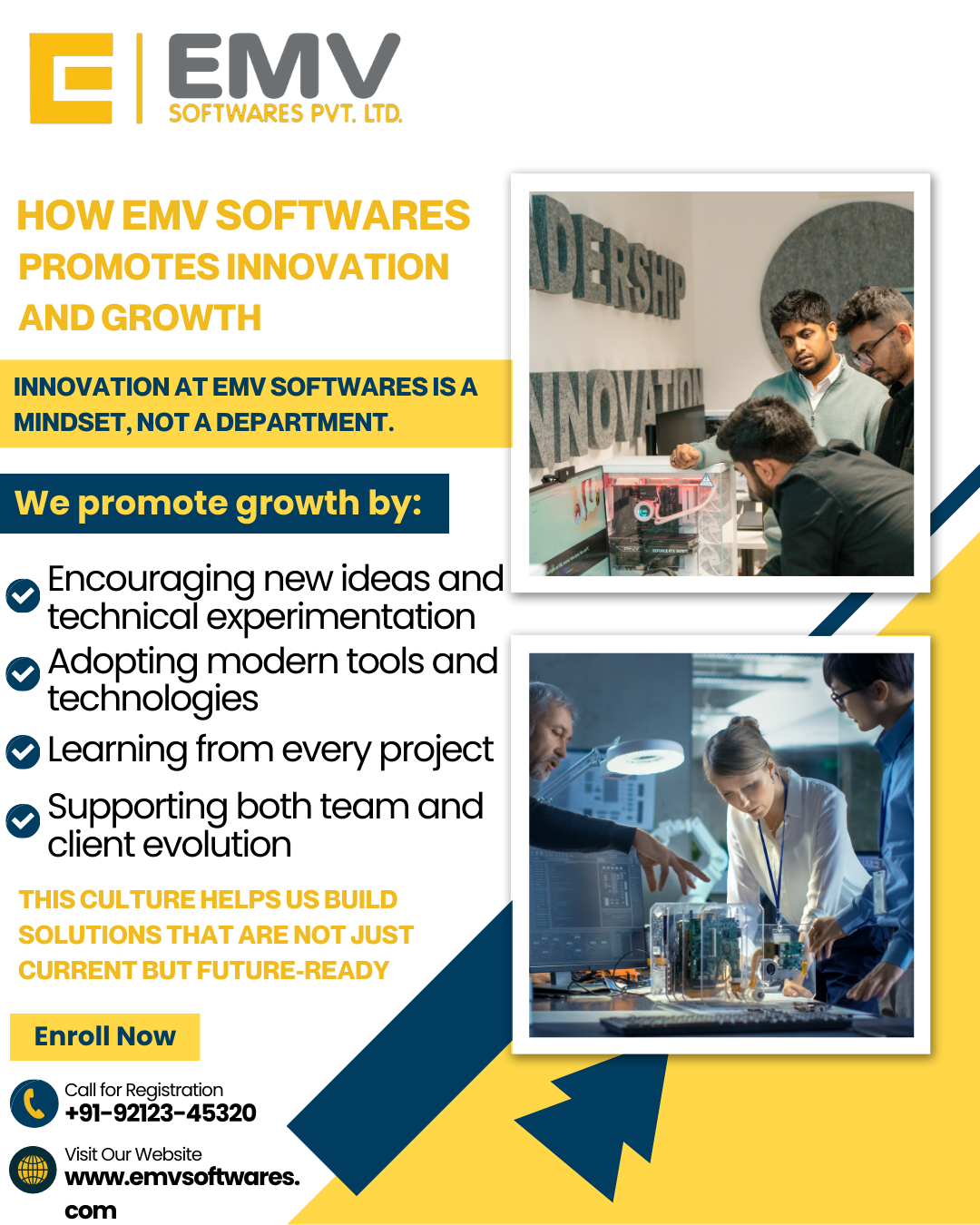 A sleek software interface showing the "X" series product suite—NidhiX, ERPX, and WMSX—symbolizing EMV's diverse innovative portfolio.
